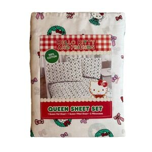 New Hello Kitty Christmas Bow Wreath Queen 4-pc Sheet Set‎ Sanrio Cotton Holiday
